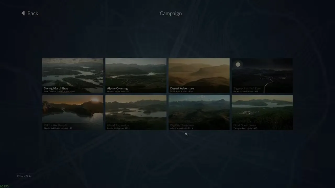 The Campaign screen: the next mission unlocks when you finish the previous one, and you can resume mission saves here. Transport Fever 3 campaign mission select screen with all eight missions