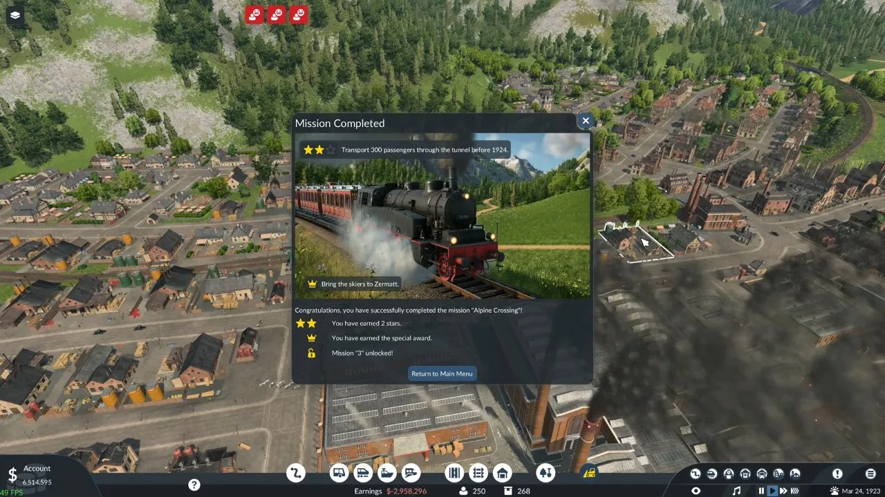 Alpine Crossing finished with 2 stars: the passengers arrived before 1924 but not before 1923. Transport Fever 3 Mission Completed screen for Alpine Crossing with 2 stars and the special award