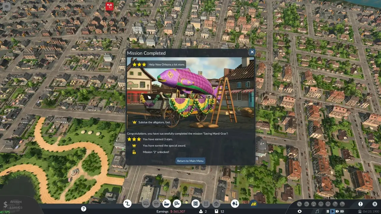 Saving Mardi Gras completed: 3 stars, plus the special award for the bonus goal. Transport Fever 3 Mission Completed screen for Saving Mardi Gras with 3 stars and the special award