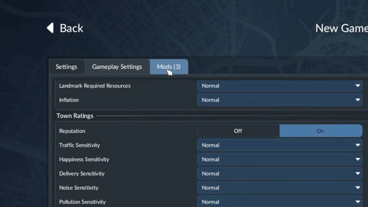 Gameplay Settings: leave these at their defaults (Normal, Reputation on) if you want achievements. Transport Fever 3 New Game Gameplay Settings tab with town rating options at Normal