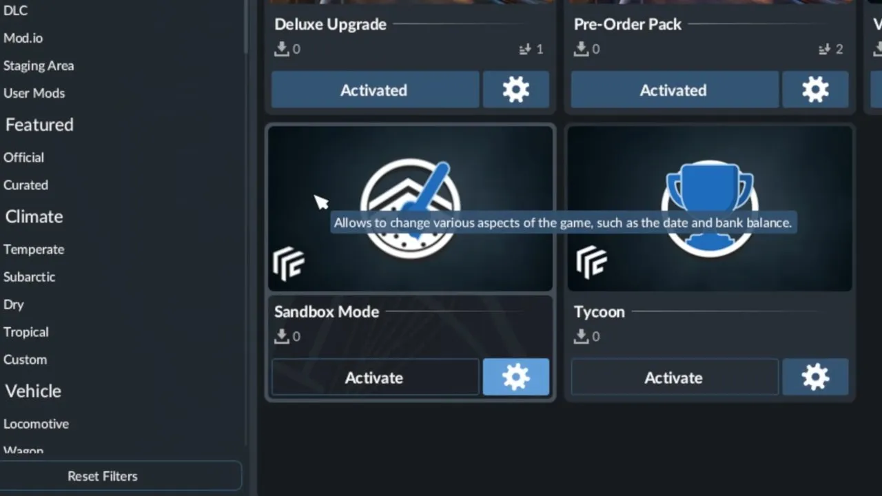 The Mods tab when creating a game: Deluxe Upgrade and Pre-Order Pack can stay on; built-in mods like Sandbox Mode change gameplay. Transport Fever 3 New Game Mods tab with Deluxe Upgrade and Pre-Order Pack activated and Sandbox Mode not activated