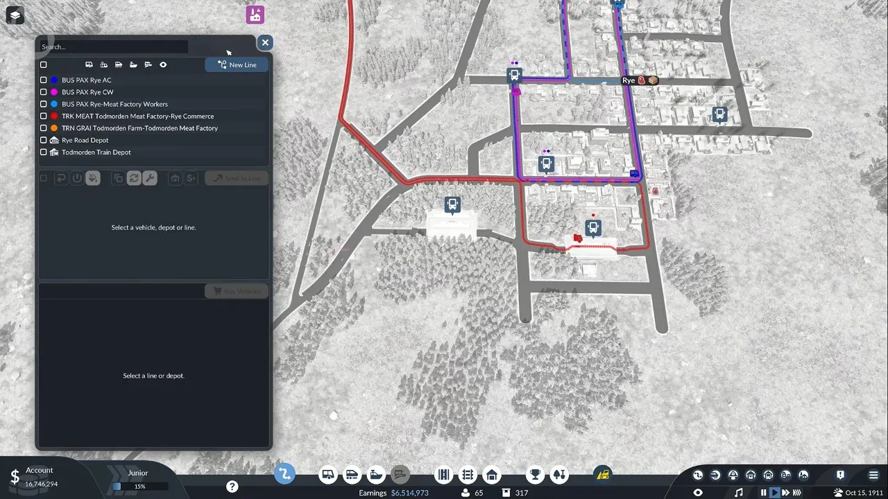 The new passenger line drawn on the map from the line manager. Line manager showing a new passenger route drawn through Rye in Transport Fever 3