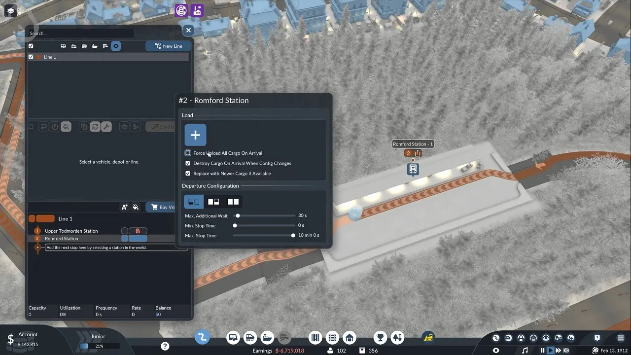 Delivery stop with Force Unload All Cargo On Arrival available in the Load section. Romford Station stop settings with Force Unload All Cargo On Arrival in Transport Fever 3
