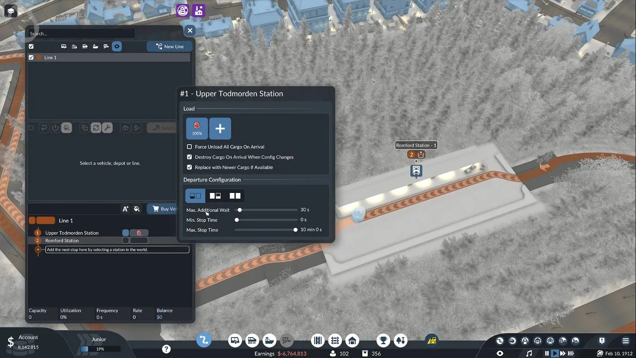 Pickup stop settings: load rule plus Max. Additional Wait and Max. Stop Time. Upper Todmorden Station load settings with full load and maximum wait sliders in Transport Fever 3