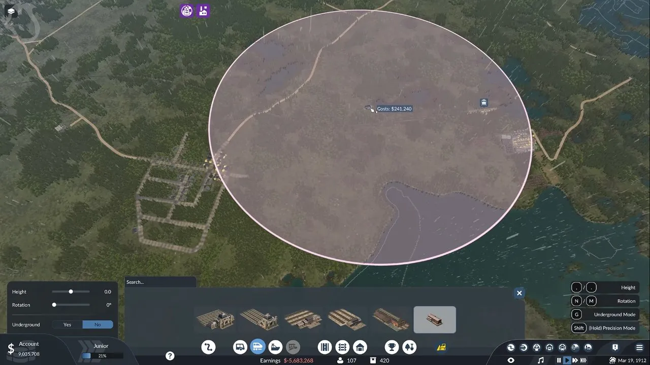 The circle shows the maintenance building's coverage; keep the waiting station inside it. Maintenance building placement radius covering a loading station in Transport Fever 3