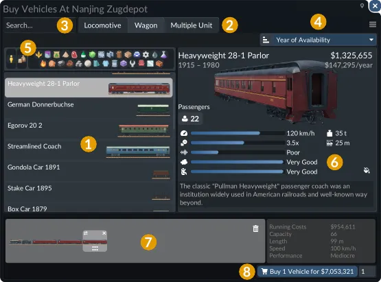 The Vehicle Store from the official manual: 1 vehicle list, 2 category tabs, 3 search, 4 sorting, 5 cargo filter, 6 vehicle details, 7 train consist, 8 buy button. Transport Fever 3 Vehicle Store with numbered vehicle list, category tabs, search, sorting, cargo filter, details panel and buy button